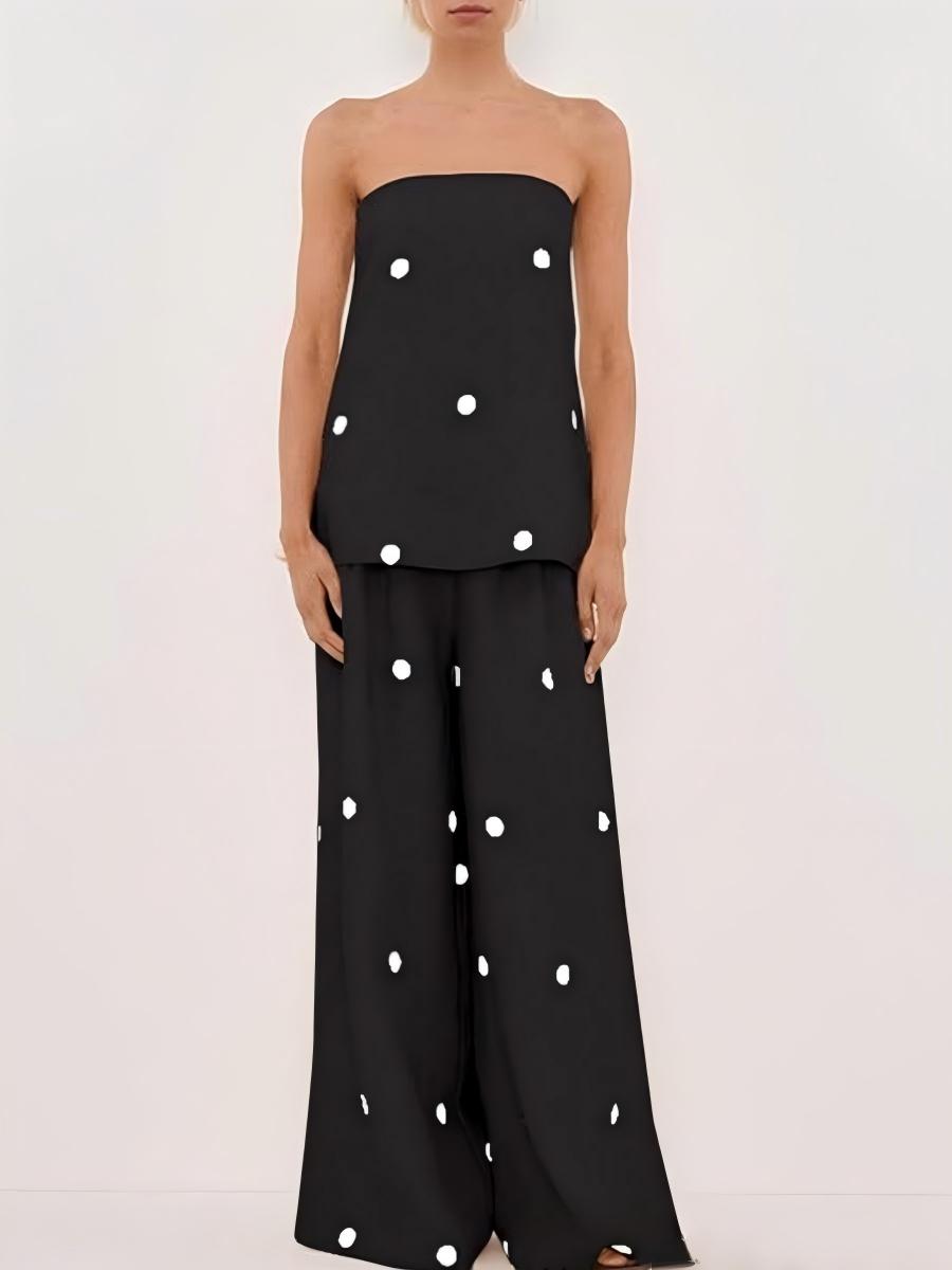 Polka Dot Strapless Vest Top And High-waisted Wide-leg Pants Two-piece Set