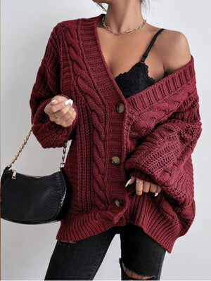 Loose Cable Knit Lantern Sleeve Cardigan