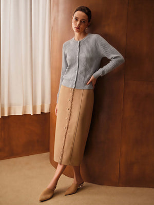 Wool Blend Cable Knit Crew Neck Single-breasted Cardigan