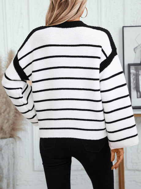 Crew Neck Loose Black And White Stripes Hood Long Sleeve Knitted Sweater
