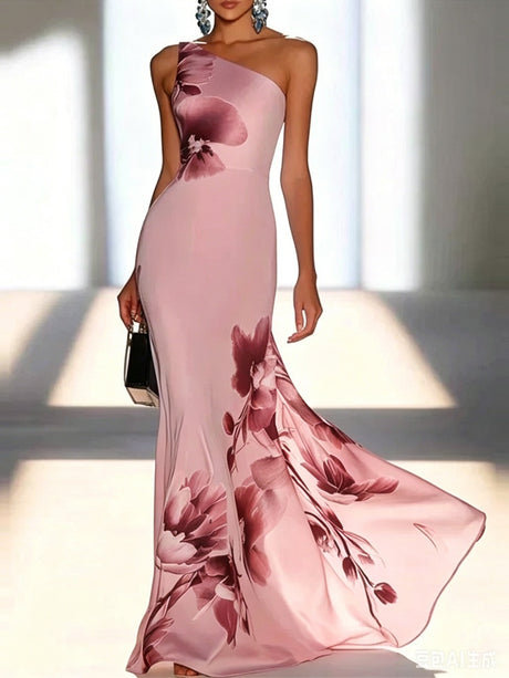 Blue Floral Print One-shoulder Long Dress