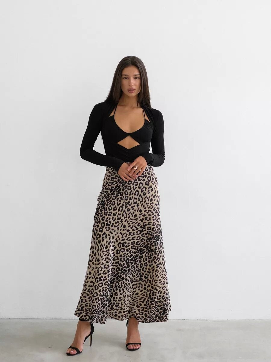 Satin Leopard Print High Waist Elasticity Silky Smooth Skirts