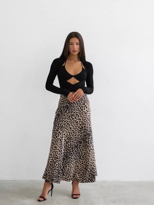 Satin Leopard Print High Waist Elasticity Silky Smooth Skirts