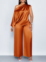 Satin Sloping Shoulders Short Sleeve Jacket Wide-leg Pants Set 2-piece Sets