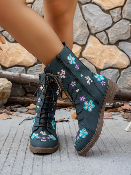Floral Print Embroidered Women's Martin Boots