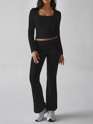 Leisure Navel Solid Color Long-sleeved Two-piece Suit