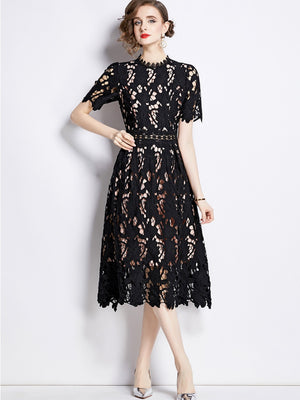 Water-soluble Lace Short-sleeved Slim-fit Midi Dress