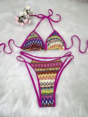 Knitted Color-blocked Striped Tie-up Bikini