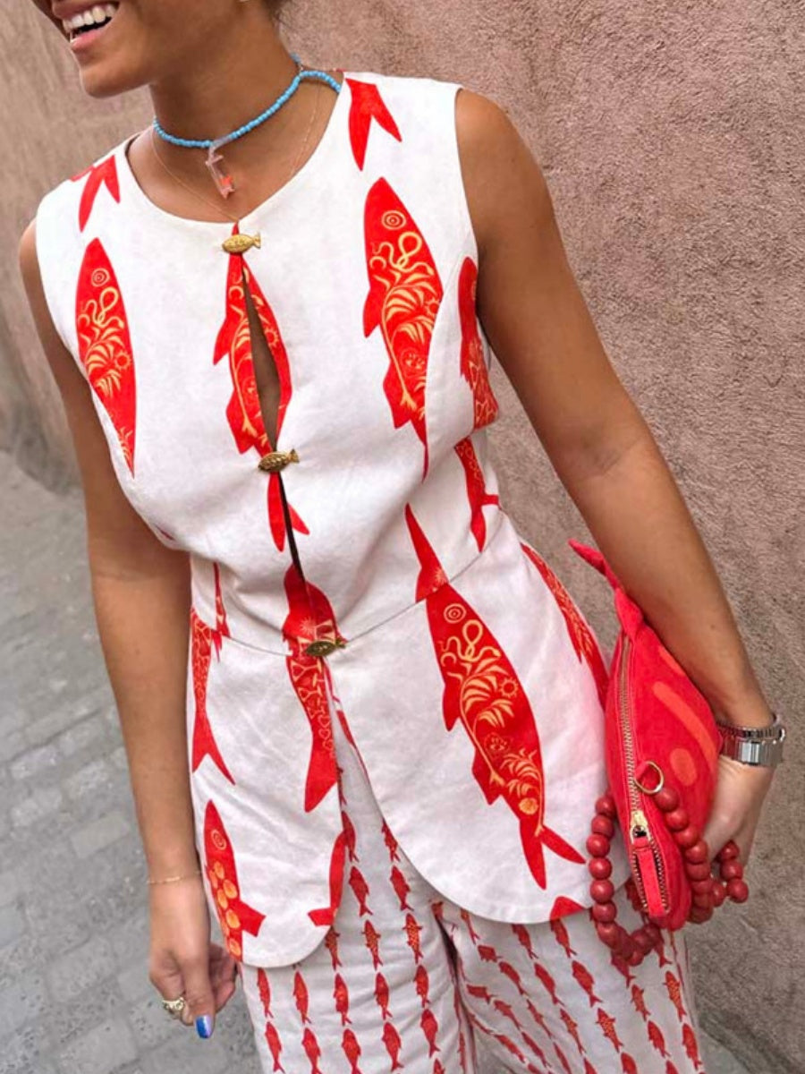 Buttons Fish-print Vest And Trousers Two-piece Set