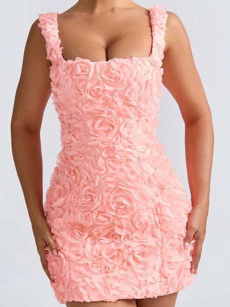 Square Collar 3D Flowers Slim Fit Sleeveless Tie Mini&Short Dresses