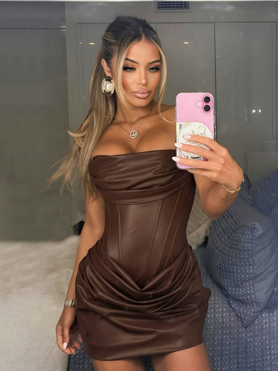 PU Pleated Fishbone Strapless A-line Bustier Mini&Short Dresses