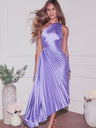 Robes maxi plissées en satin, une épaule, encolure asymétrique, couleur unie