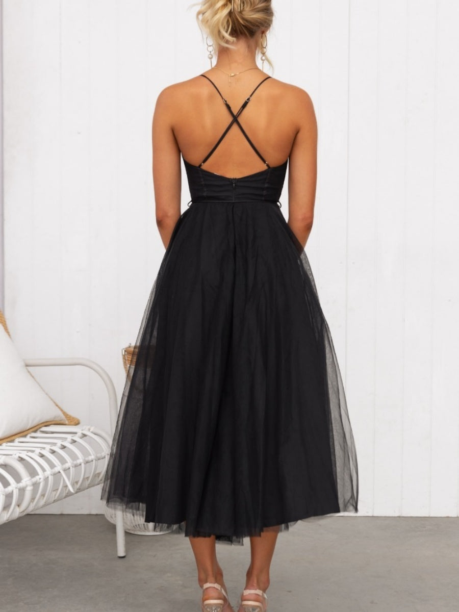 Mesh Lace Up Fishbone Camisoles Midi Dresses