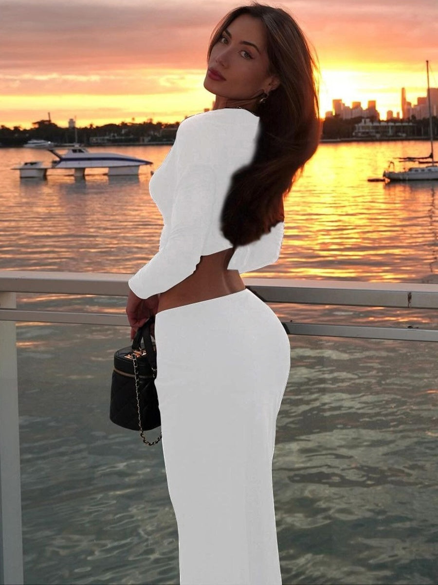 Liber Autumn Women's Navel Solid Color 2-piece Sets