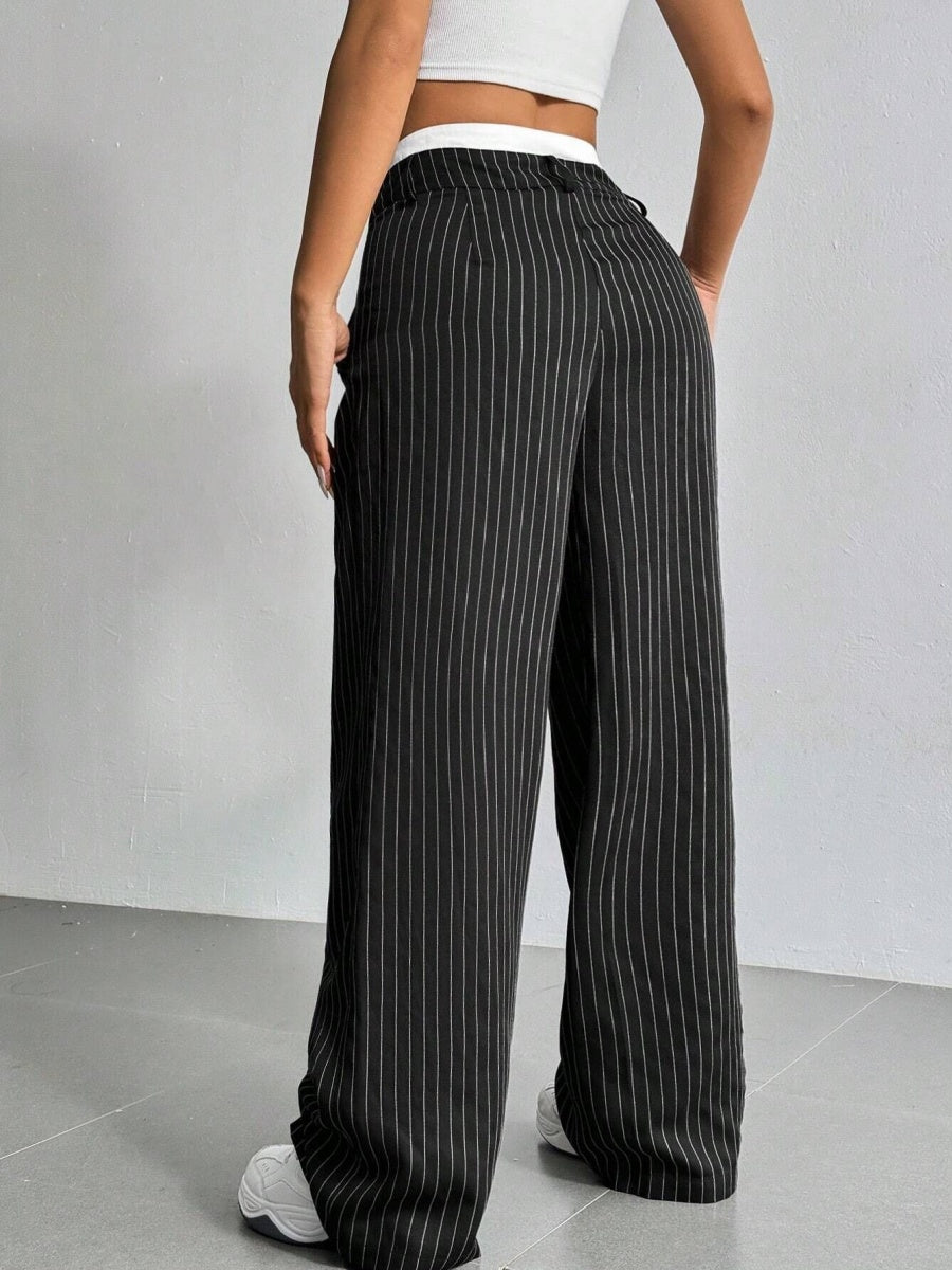 High Waist Color Matching Simplicity Drape Stripes Straight Wide Leg Pants
