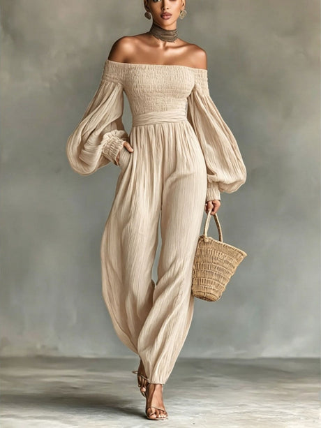 Off-shoulder Long-sleeved Pleated Fabric Jumpsuit In Solid Color