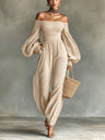 Off-shoulder Long-sleeved Pleated Fabric Jumpsuit In Solid Color
