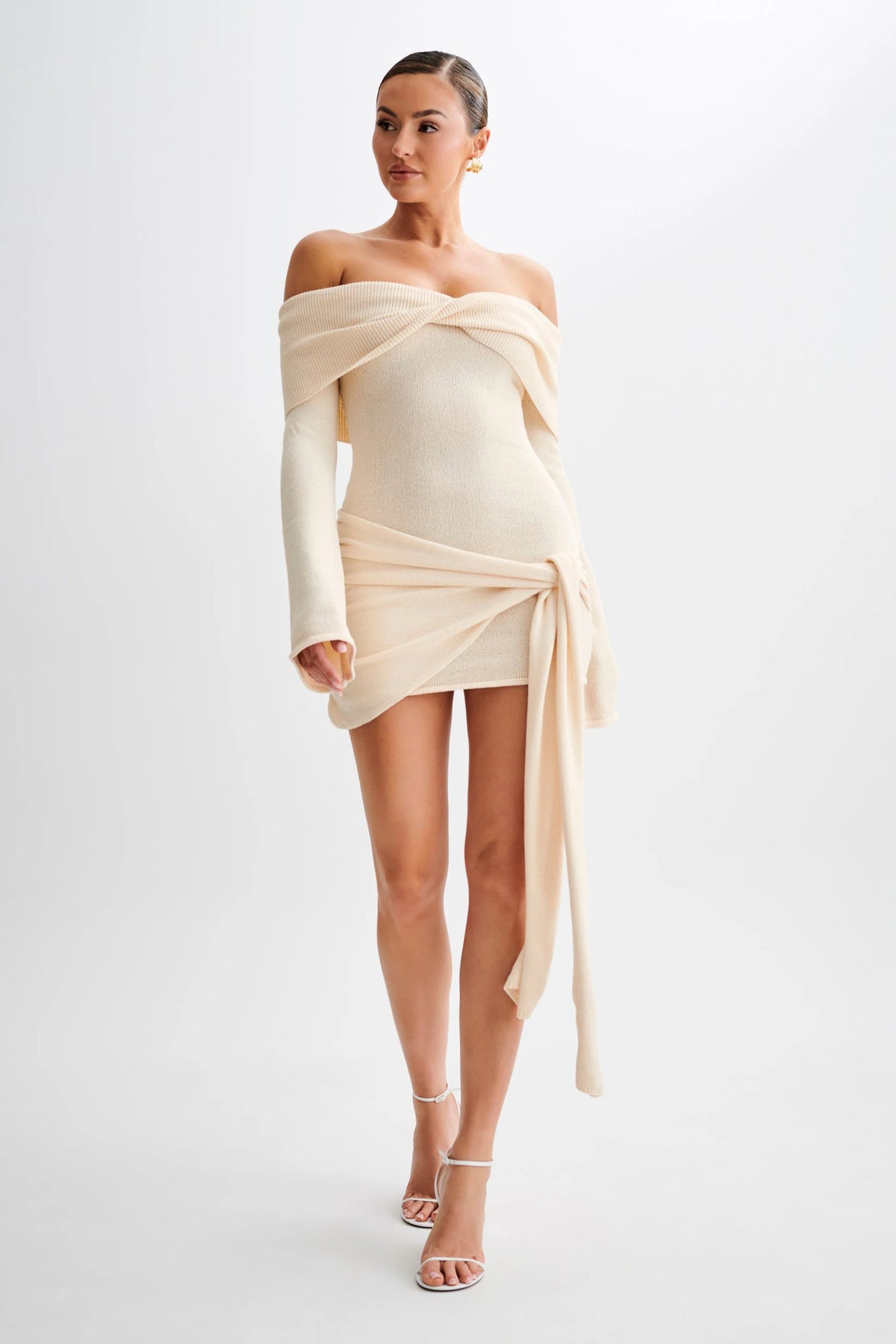 Off-the-shoulder Long-sleeved Tie-up Short Knit Dress