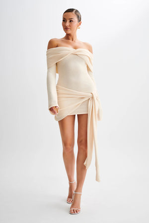 Off-the-shoulder Long-sleeved Tie-up Short Knit Dress