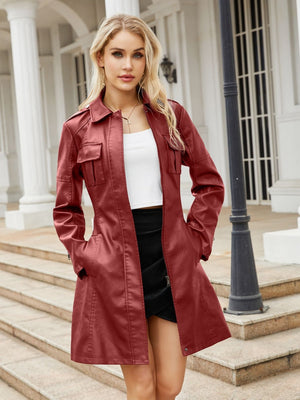 Slim Fit Mid-length Pocket With Belt Leather Jacket
