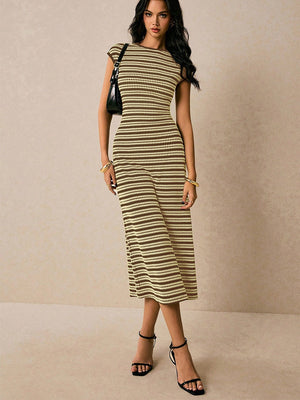 Stripes Knitting Sleeveless Slim Fit Midi Dresses