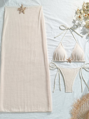 Solid Color Mesh Long Dress Starfish Swimsuit Bikini Three-piece Set