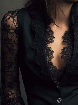 Lace Stitching V-neck Button Sexy Temperament Jackets