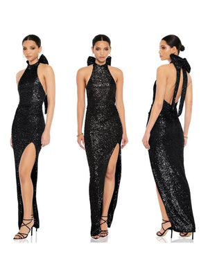 Sequined Large Bow Halter Neck Backless Parties Maxi Dresses