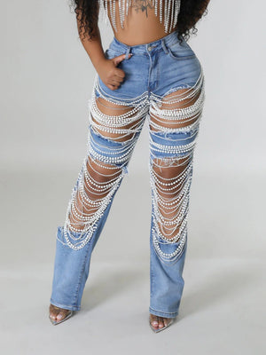 Ripped, Pearl-beaded Stretch Jeans