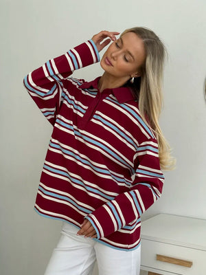 Long-sleeved Striped T-shirt, Polo Collar, Loose-fitting T-shirt