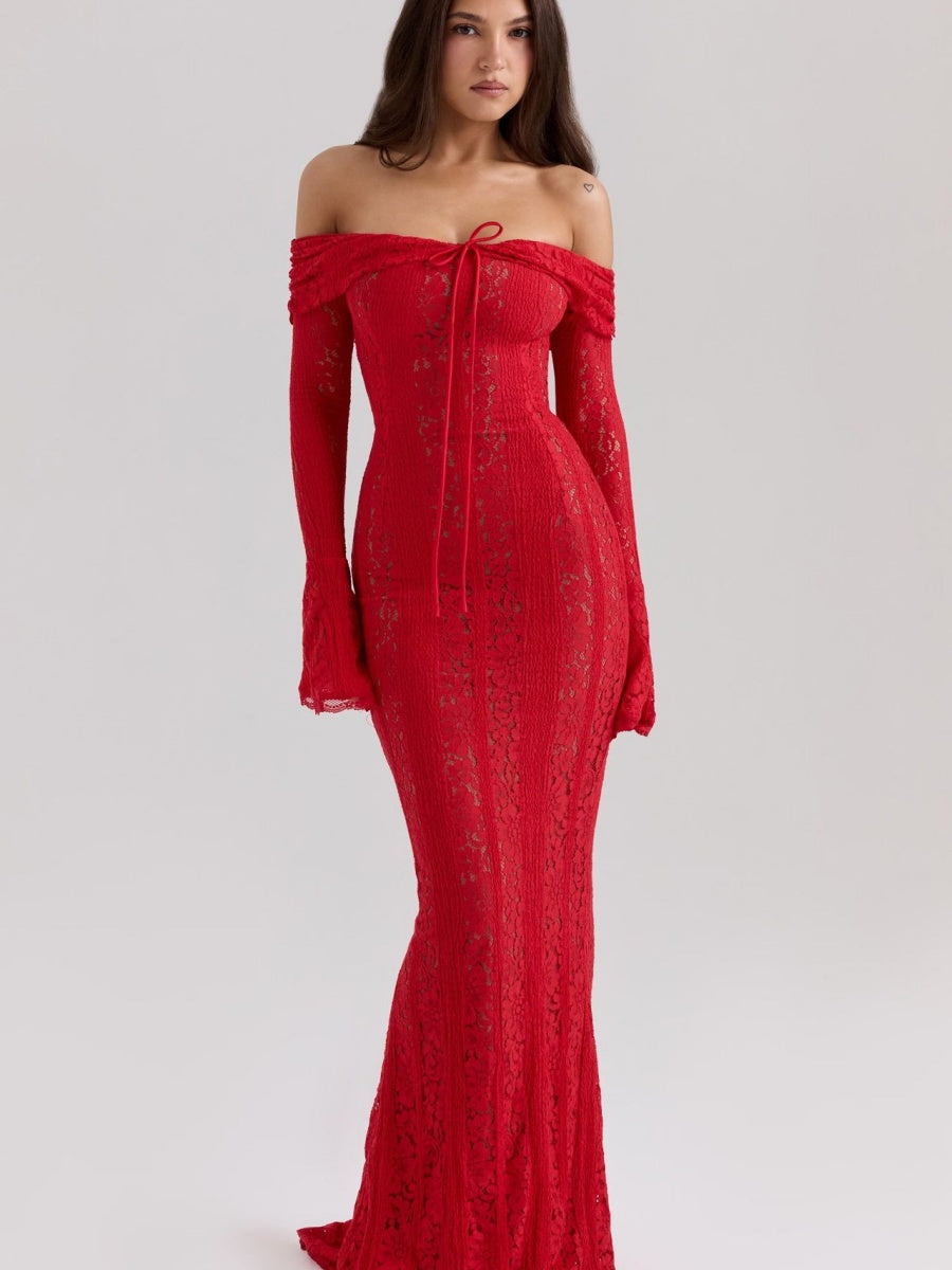 【EXPÉDITION NORMALE】Robes maxi moulantes en dentelle ajourée, épaules dénudées et manches évasées