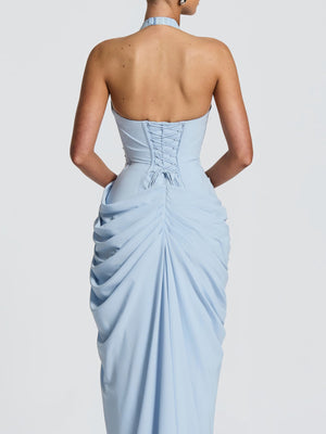 Halter Neck Pleated High Slit Long Dress