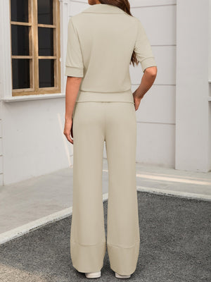 Collared Short-sleeved Top And Elastic Wide-leg Pants Two-piece Set
