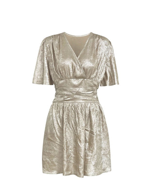 V-neck With Ruffled Sleeves Metallic Color Mini&Short Dresses