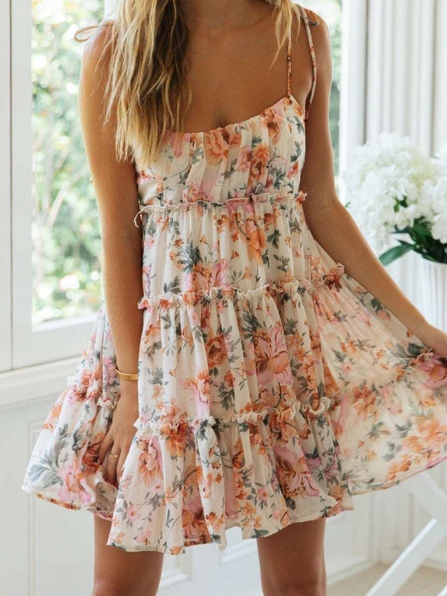 Resort-style Floral Print Multi-layered Ruffled Short Sundress