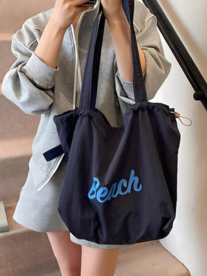 Letter Print Large Capacity Lightweight Drawstring Shoulder Bag