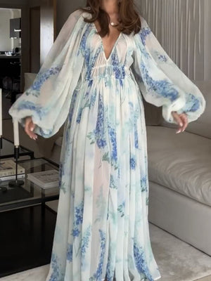 Printed Chiffon Drawstring Maxi Dresses