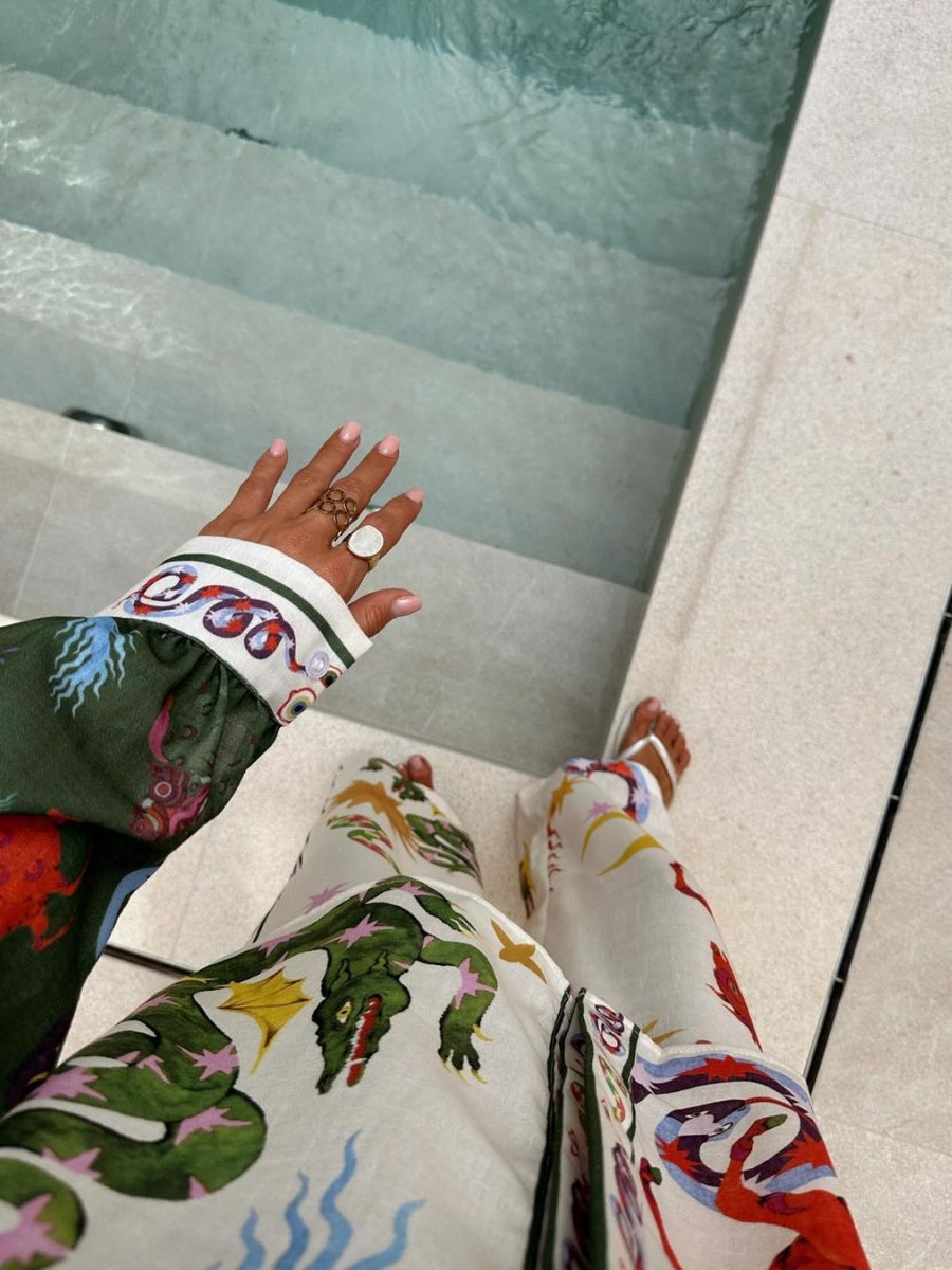 Ensemble deux pièces de chemises à manches longues en lin à imprimé macarons