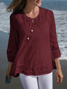 Tie-up Cotton And Linen Patchwork Lace Three-quarter Sleeve T-shirt