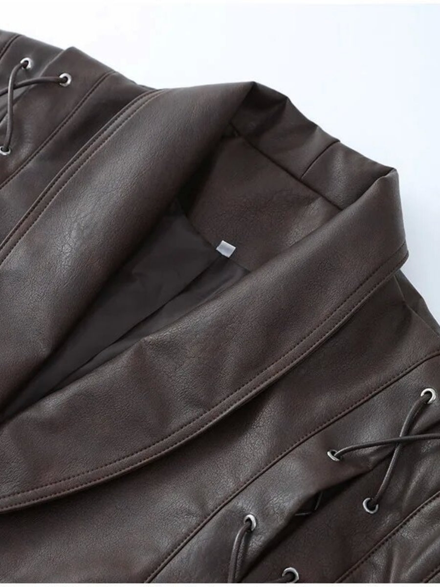Lapel Lace Up Long Sleeve Leather Jacket