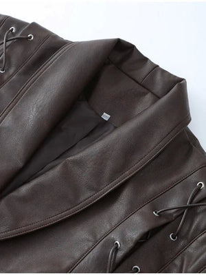 Lapel Lace Up Long Sleeve Leather Jacket