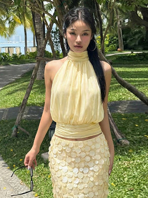 【SHIP AS USUAL】Backless Halter Jacket Tank Tops