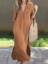 V-neck, Three-quarter Sleeve, Long Dress With Side Slit Pockets And Pleated Chest