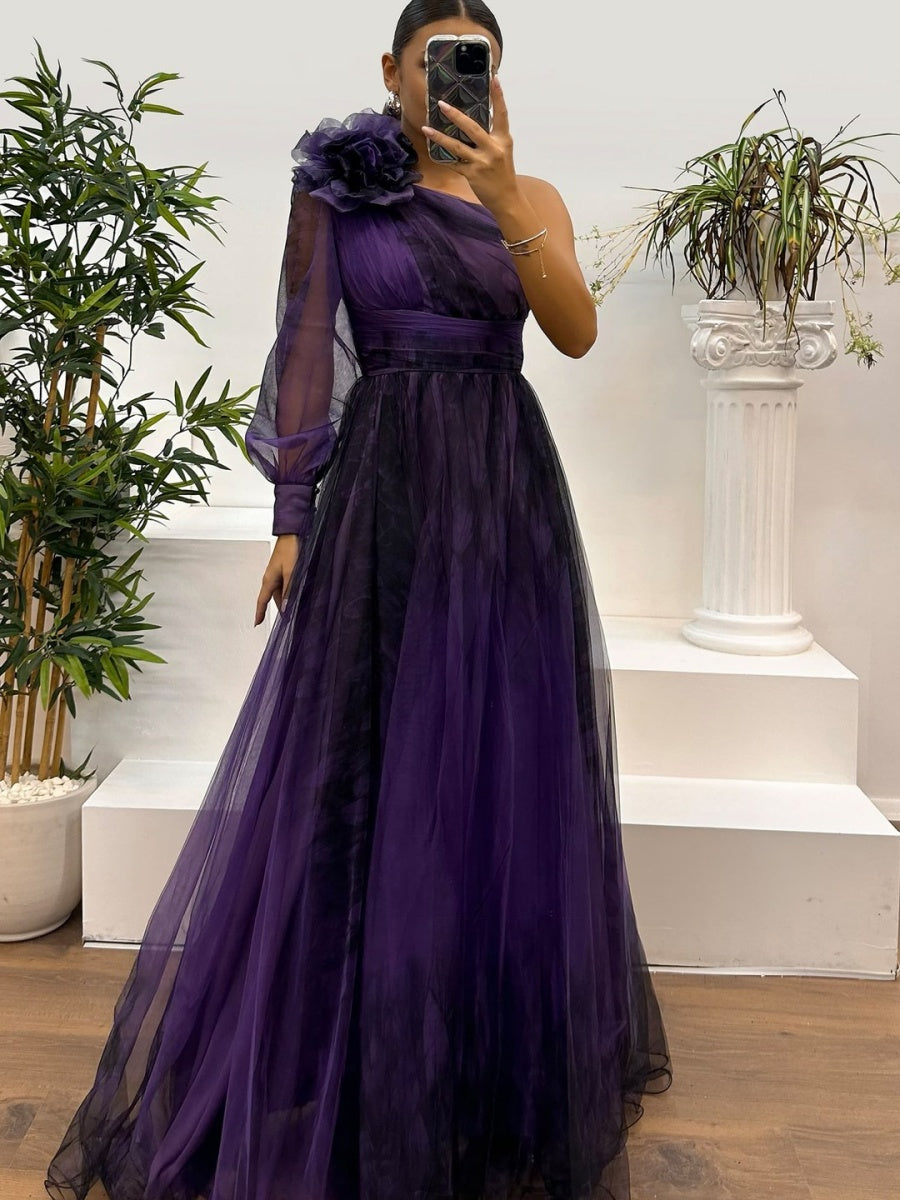 Sloping Shoulders Mesh Printed Reunion Maxi Dresses