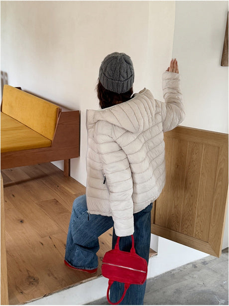 Hooded Zipper Pocket Quilting Lightweight Coat Stuffing Leisure Outdoor Cotton-padded Clothing