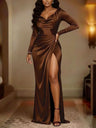 Slit Waist Slim Fit Pleats Solid Color Maxi Dresses