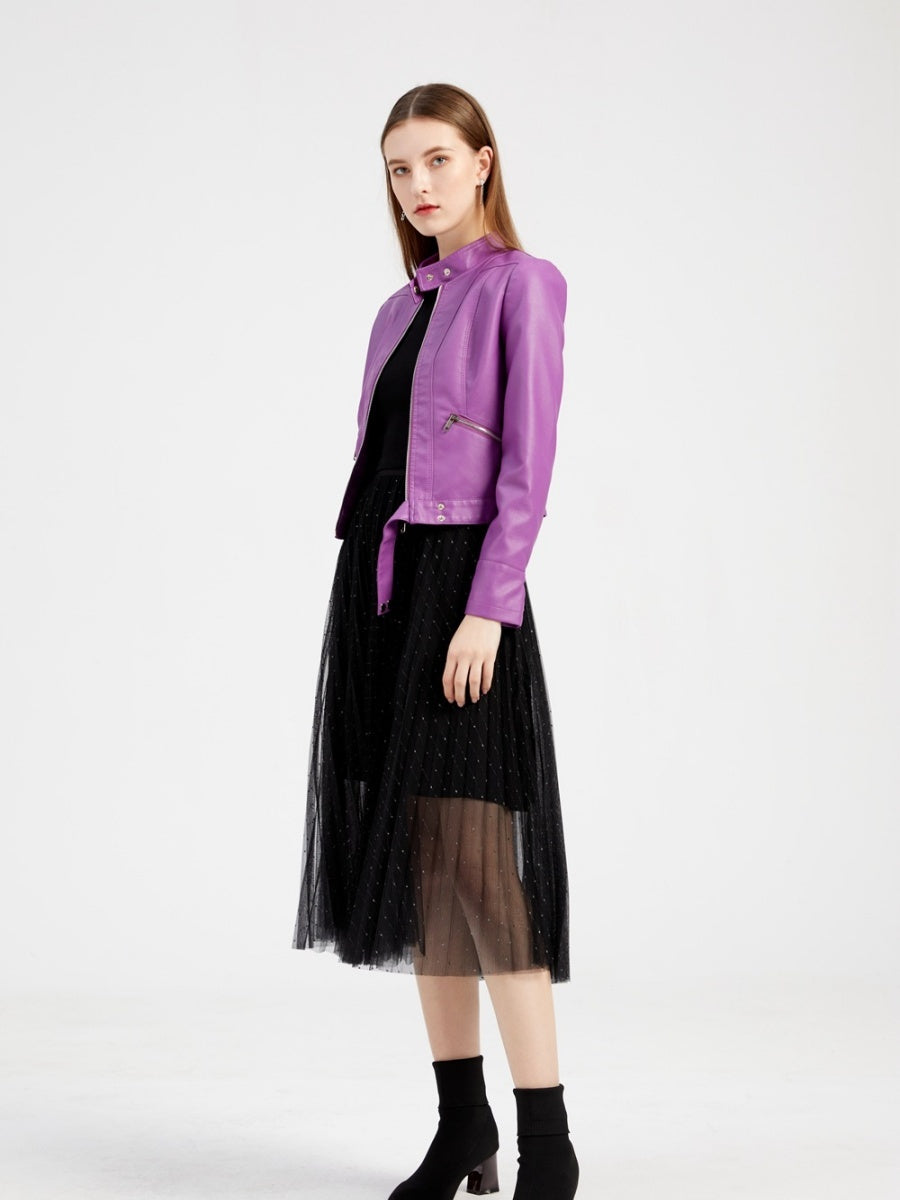 Three-dimensional Decoration Short Stand Collar Zippered Leather Jacket