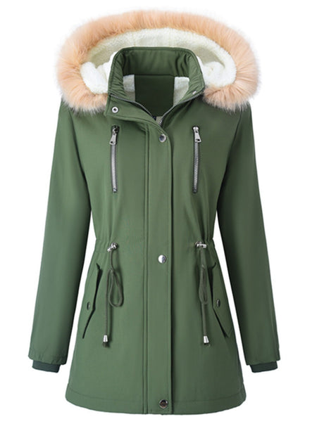 Mid-length Raincoat Water Proof Outdoor Drawstring Fur Collar Cotton-padded Jackets And Windbreakers