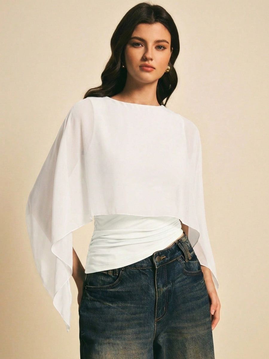 Cape-sleeve T-shirt, Round Neck, Loose Chiffon Cover-up, Elegant Irregular Top/T-shirt