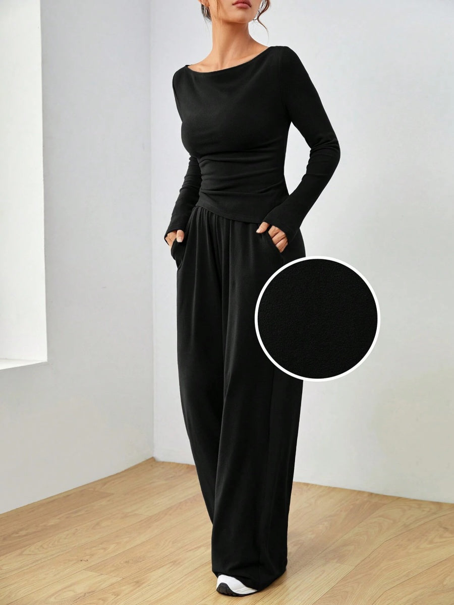 Pocket Solid Color Large Round Neck Long Sleeve Pants 2-piece Sets